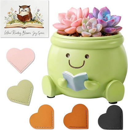 Book Lover Gift Set- Cute Reading Planter Pot with 5 Heart Leather Bookmarks & Quote Card, Cozy Desk Decor and Perfect Gift for Teacher, Librarian, Women, Mom, Friend, Colleague