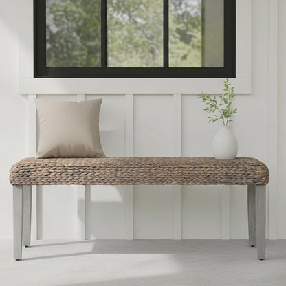 Farmhouse Indoor Solid Wood Acacia Benc with Natural Woven Benches Seat, Boho Bench Entryway, Wooden Bench for bedroom end of bed or Living Room or Vintage Entryway Bench Seat (Grey, Water Hyacinth)