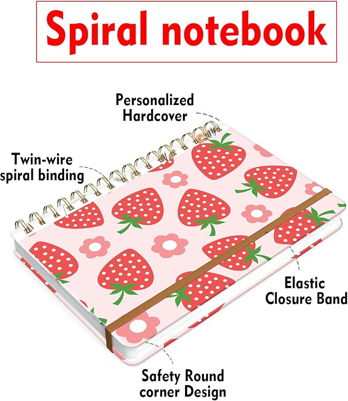 Spiral Journal Notebook for Women, Hardcover A5 College Ruled Notebook, 120 Pages, Thick Paper, Cute Lined Journal for School, Office & Work, 6 x 8.4 in(Pink Strawberry Flower)