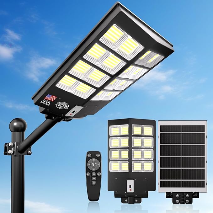 Solar Street Lights Outdoor, 6500K Solar Lights Outdoor Waterproof Dusk to Dawn, Security Flood Light with Motion Sensor and Remote for Yard, Garage, Driveway (3000W-(1 Pack))
