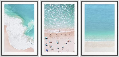 Ashbrook Framed Wall Art Print Set Aerial View Nautical Beach Ocean Wave View Nature Wilderness Photography Modern Art Scenic Colorful Chic for Living Room, Bedroom, Office - 24"x36"x3 White