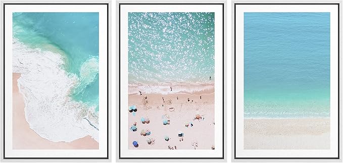 Ashbrook Framed Wall Art Print Set Aerial View Nautical Beach Ocean Wave View Nature Wilderness Photography Modern Art Scenic Colorful Chic for Living Room, Bedroom, Office - 16"x24"x3 White