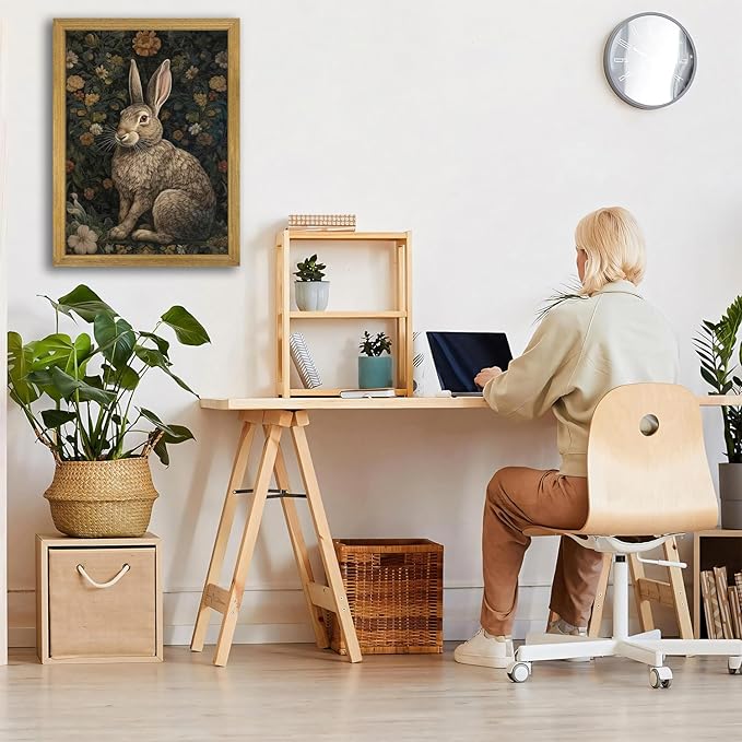 SAMHOU Framed 3D Textured Wall Art, Vintage Sandstone Hand Drawn Rabbit Wall Decor, Easter Cute Bunny Decor Painting, Nature Animal Flowers Pictures for Bathroom Living Room Bedroom Office 12x16 inch