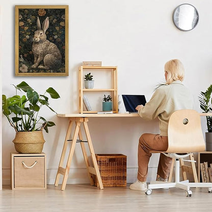 SAMHOU Framed 3D Textured Wall Art, Vintage Sandstone Hand Drawn Rabbit Wall Decor, Easter Cute Bunny Decor Painting, Nature Animal Flowers Pictures for Bathroom Living Room Bedroom Office 12x16 inch