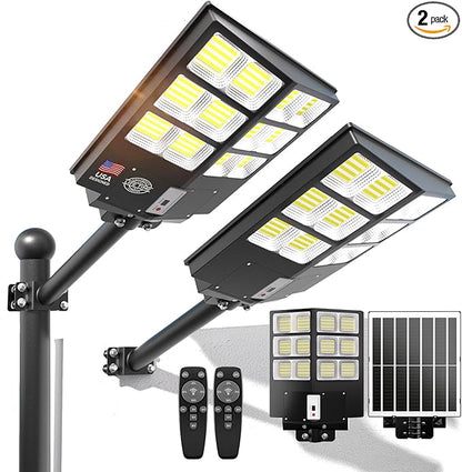 Solar Street Lights Outdoor, 6500K Solar Lights Outdoor Waterproof Dusk to Dawn, Security Flood Light with Motion Sensor and Remote for Yard, Garage, Driveway (2000W-(2 Pack))