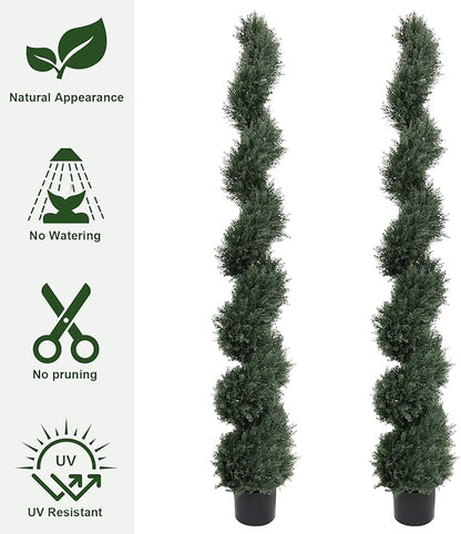 THE BLOOM TIMES 6ft Spiral Artificial Topiary Trees Set of 2, 71 inch Faux Cedar Trees for Outdoor Planters - Fake Twist Cypress Plants for Garden Front Porch Indoor Outside Decor 6 Foot