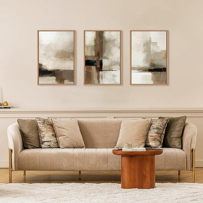 HOURIA Large Abstract Neutral Framed Canvas Wall Art Set,Brown Beige Wall Decor,Minimalist Black Wall Painting,Modern Brush Stroke Line Art Print for Living Room,Bedroom,Office- 16"x24"x3