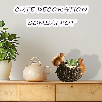 Cute Animals Planter Pot, Resin Squirrel Succulent Plant Flowerpot, Decorative Succulent Plant Planter, Lovely Pinecone Bonsai for Office Desk Room Home Indoor Decor