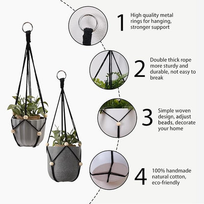 Artilady Black Hanging Planter for Indoor Plants Macrame Plant Hanger Large Hanging Plant Holder Basket with Adjustable Beads Outdoor Window Boho Plant Wall Decor