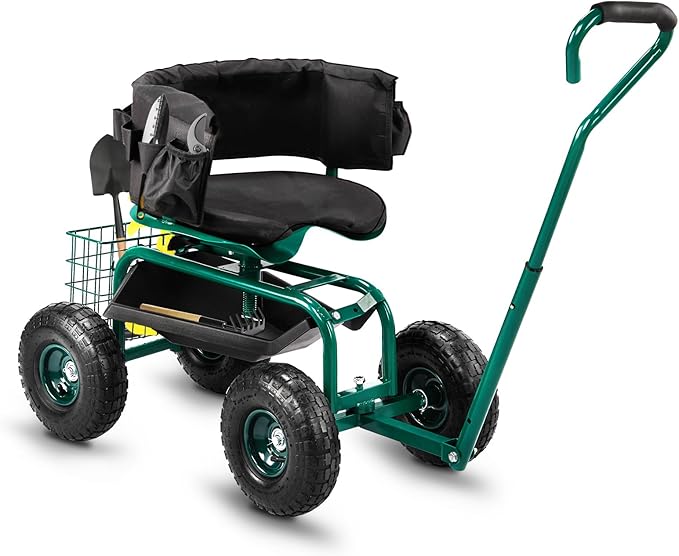 Outvita Rolling Garden Seat with Wheels, Gardening Stool with Height Adjustable 360 Degree Swivel Seat, Ergonomic Backrest, Tool Tray & Storage Basket, Outdoor Gardening Scooter Cart for Patio, Green