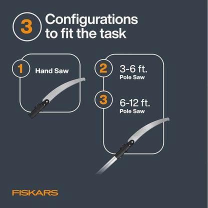 Fiskars XtendControl 12' Extendable Tree Pruner, Adjustable Pole Saw Branch Trimmer with 15" X1 Saw, 3-6' Extension Poles, and Secure Locking System for Precision Cutting