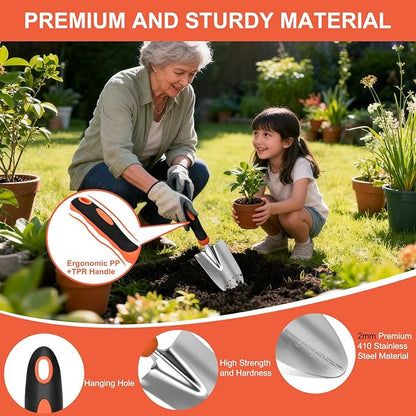 Yesker Gardening Tools 9-Piece Heavy Duty Garden Tool Set Gardening Supplies Gifts for Women Men Gardening Hand Tool Kit w Non-Slip Ergonomic Handle, Garden Bag, Durable Gloves, Spray Bottle, Orange
