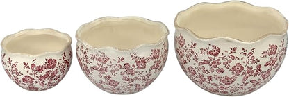 Galt International Ceramic Plant Pots Set of 3 Rustic Vintage Farmhouse Cream Crackle Glaze (11"/ 9.6"/ 7") Garden Indoor Outdoor Flower Planter w/Drainage Hole (Vintage Red)