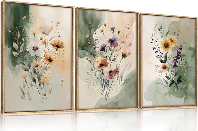 Large Vintage Wildflower Framed Canvas Wall Art,Rustic Watercolor Flowers Wall Decor,Boho Botanical Print,Retro Green Floral Artwork for Living Room,Bedroom,Dining Room -24"x36"x3