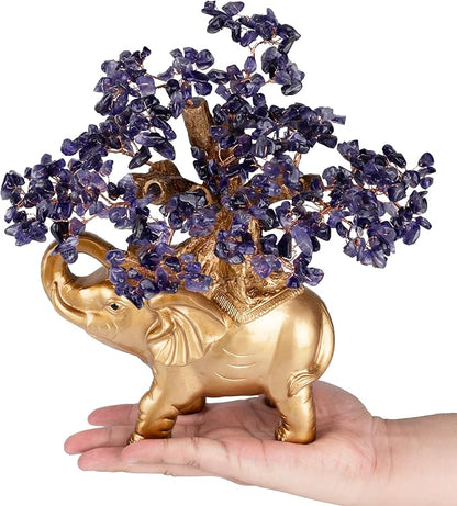 Amethyst Crystal Money Tree on Gold Mini Elephant Statue, 10”Gemstone Bonsai Tree of Life Home Décor Gifts for Wealth Positive Energy, Feng Shui Décor
