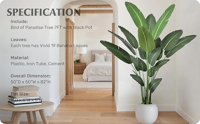 Artificial Bird of Paradise Tree 7FT with 19 Leaves Realistic Thick Banana Leaf Tall Large Faux Tropical Plant 82 Inch Black Pot for Indoor Home Office Poolside Porch Mall Hotel School Decor