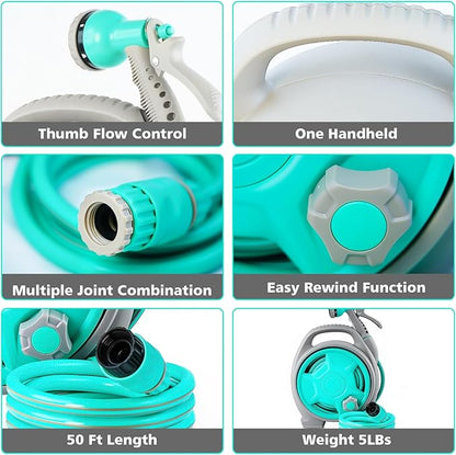 50FT Retractable Garden Hose Reel, Lightweight & Portable Hose Reel with 6 Patterns Spray Nozzle, Suitable for US Standard Hose Connection