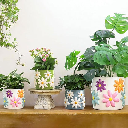 GUGUGO 8 Inch Daisy Planters, Decorative Large Plant Pots with Drainage Holes, Funny Unique Flower Pot for Indoor Plants, Colorful Gardening Pot for Boho Modern Home Décor, Green
