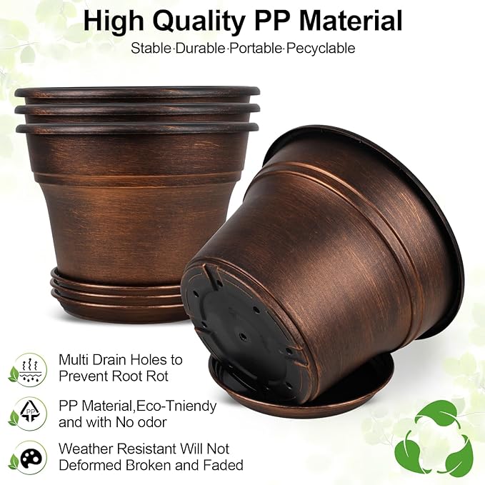 Plant Planters Pots Set of 4 Pack 16 Inch，Large Plastic Flower Pot for Indoor Plants with Drainage Holes & Trays, Resin Decorative Container Sets with Saucer for House Outdoor Garden Plant Copper