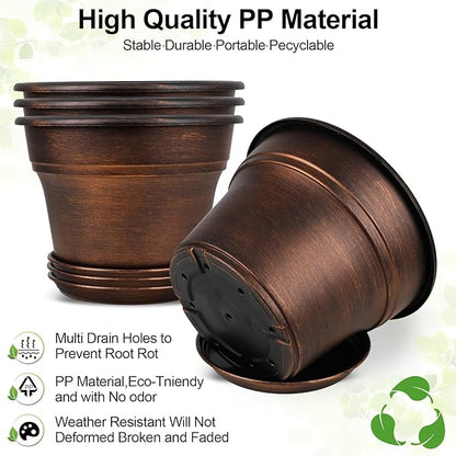 Plant Planters Pots Set of 4 Pack 16 Inch，Large Plastic Flower Pot for Indoor Plants with Drainage Holes & Trays, Resin Decorative Container Sets with Saucer for House Outdoor Garden Plant Copper