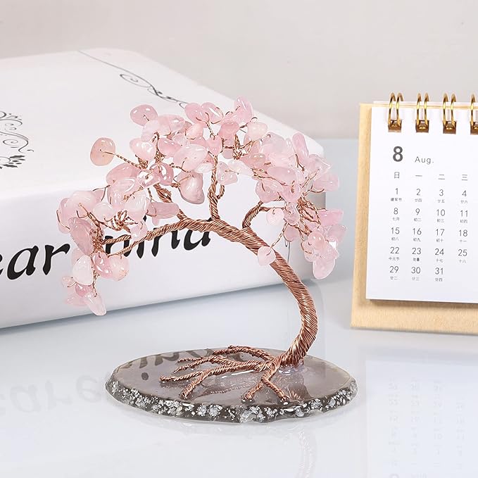 mookaitedecor Natural Rose Quartz Crystal Money Tree Agate Slice Base Feng Shui Bonsai Crystal Tree for Wealth Luck Desk Decor, 3-4 Inch High