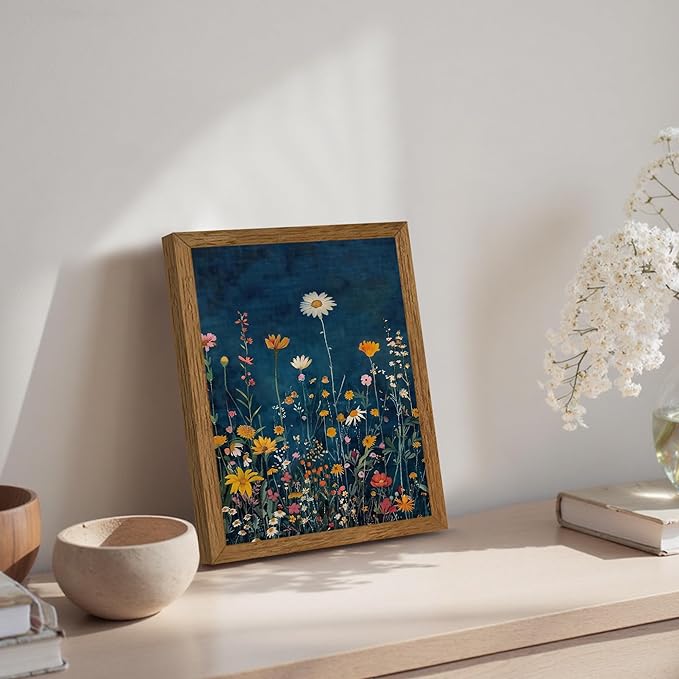Wojuin Framed Dark Blue Botanical Floral Canvas Wall Art, Rustic Colorful Wildflower Artwork Wall Decor, Vibrant Vintage Flower Painting Prints for Living Room Bedroom Bathroom Office 8x10 in