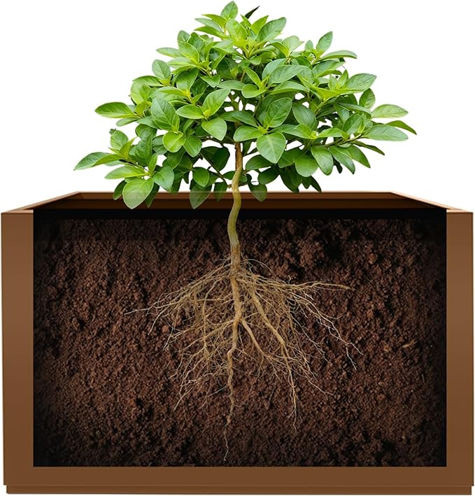 Large Metal Planter Box for Indoor & Outdoor Plants, Flowers, Rectangular Planters with Drainage Holes for Patio, Front Porch, All-Weather Use (32" L x 10" W x 16" H, Brown)