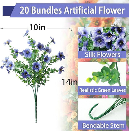 mizii Artificial Flowers for Outdoors 20 Bundles Realistic Faux Silk Flower UV Resistant Fake Plants Outside Decorations for Patio Garden Balcony Yard Porch Summer Indoor Home Decor (Blue)