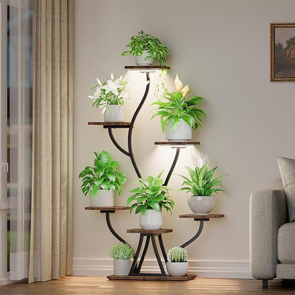 Plant Stand Indoor with Grow Lights, 7 Tiered Indoor Plant Shelf, Corner Plant Stands for Indoor Plants, Metal Plant Shelf Flower Display, Seaweed-Shaped Plant Rack for Living Room, Patio, Black