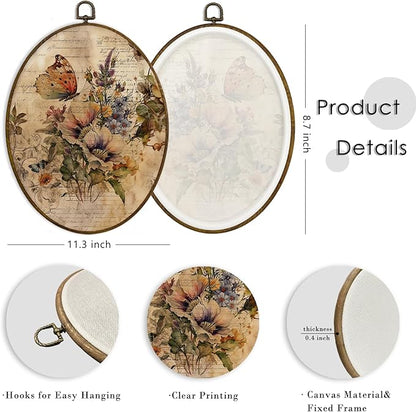 MAQIKA Farmhouse Butterfly Floral Oval Framed Wall Art Decor, Butterfly Home Decor, Wildflower Oval Wall Hanging Decor, Vintage Butterflies Canvas Prints Wall Art for Office Liviing Room, 8.7x11.3 In
