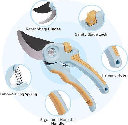NEXON Garden Pruning Shears 2 Pack, 8" Bypass Hand Pruner & 6.25" Precision Garden Scissors, Professional Garden Clippers for Plants and Flowers