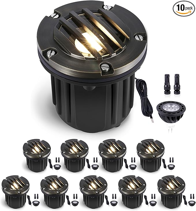 Gardenreet LED Well Lights Low Voltage - Brass In-Ground Ip65 Electric 12V Lighting, Weatherproof Light, Antique Bronze for House Garden Walkway with 5000K Daylight White MR16 Bulb
