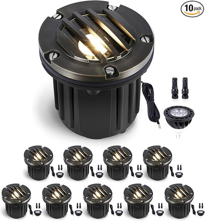 Gardenreet LED Well Lights Low Voltage - Brass In-Ground Ip65 Electric 12V Lighting, Weatherproof Light, Antique Bronze for House Garden Walkway with 5000K Daylight White MR16 Bulb