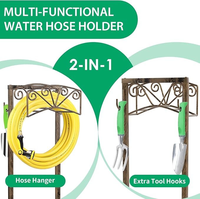 TomCare Garden Hose Holder Upgraded 4 Spikes Water Hose Holder with 2 Tool Hooks Sturdy Hose Reel Holds 150ft Hose Freestanding Hose Stand Hose Storage for Outside Yard Lawn, Rustic Bronze