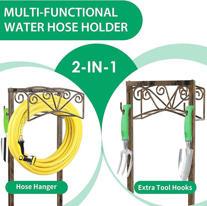 TomCare Garden Hose Holder Upgraded 4 Spikes Water Hose Holder with 2 Tool Hooks Sturdy Hose Reel Holds 150ft Hose Freestanding Hose Stand Hose Storage for Outside Yard Lawn, Rustic Bronze