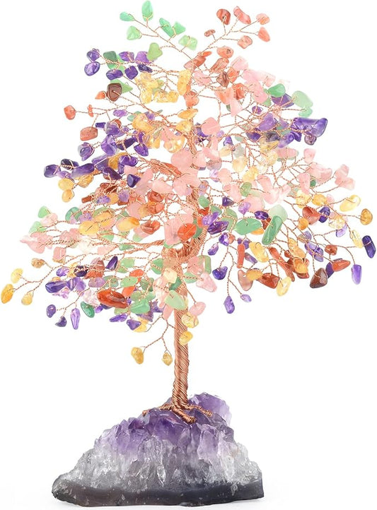 Chakra Tree of Life Natural Gemstone Crystal Tree,Healing Stones(406 Stone Count) with Amethyst Cluster,Fengshui Decor Bonsai Money Tree,Positive Energy Good Luck Gift Size 8.5"-9"