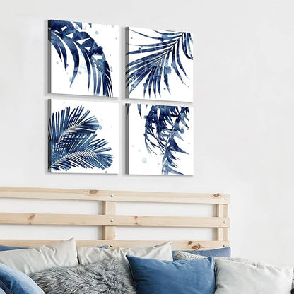 ARTISTIC PATH Watercolor Botanical Canvas Wall Art - Palm Leaves Picture Leaf Painting Prints Blue Plant Artwork for Bedroom Bathroom