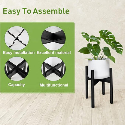 2 Pack Bamboo Plant Stands, Adjustable Plant Stand Indoor, Mid Century Modern Plant Stand, Plant Holder for Living Room, Balcony Fits 8 to 12 Inches Pots (Black)
