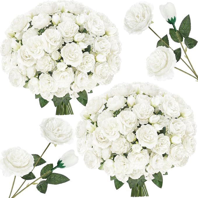 36 Bundles Artificial Flowers Peonies Roses Fake Bouquet for Wedding Bridal Shower Valentine's Day Decorations Fake Floral Arrangements Table Centerpieces Home Decor(White)