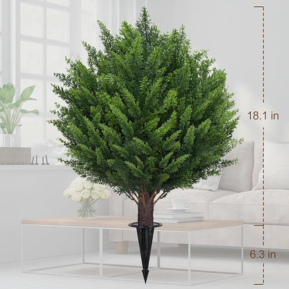 Artificial Set of 2 Cedar Topiary Ball Trees 22" for Outdoors with Ground Spike, UV Resistant Faux Cypress Plants into Anywhere, Evergreen Shrubs Bushes for Room Front Porch Garden Backyard Decor