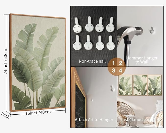 Rantodecor Sage Green Framed Canvas Wall Art, Minimalist Tropical Leaf Wall Decor, Boho Beige Nature Leaf Art Paintings, Bohemian Triple Panel Plant Artwork for Bedroom Living Room Office 16"x24"x3