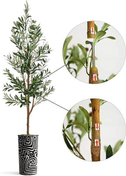 Artificial Tree in Modern Geometric Pattern Planter, Fake Olive Silk Tree for Indoor and Outdoor Home Decoration - 68" Overall Tall (Plant Pot Plus Tree)