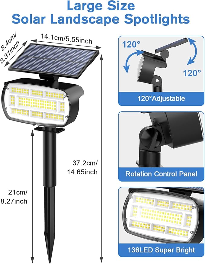 Fabrito Solar Spot Lights Outdoor 136 LEDs, Big Brighter Lighting Solar Lights Outdoor, 2 Pack IP65 Waterproof Landscape Spotlights Auto On/Off for Yard, Garden, Pathway, Plants,Tree (Cool White)
