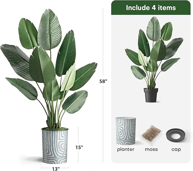 Artificial Tree in Geometric Pattern Planter, Fake Bird of Paradise Silk Tree for Indoor and Outdoor Home Decoration - 58" Overall Tall (Plant Pot Plus Tree)