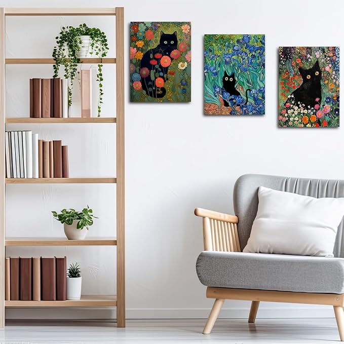 3 PCs Garden Cat Wall Decor Canvas Wall Art Framed Art Cat Posters, Cat Decor for Cat Lovers, Cat Lover Gifts, Aesthetic Artwork for Walls Living Room Bathroom Dining Room Bedroom Home Office Decor