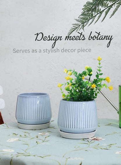 TAMAYKIM 5.5 Inch Ceramic Plant Pots with Drainage Holes and Saucers, Flower Planter with Tray for Indoor/Outdoor Planting, Succulent, Cactus & Herbs, Blue, Set of 2