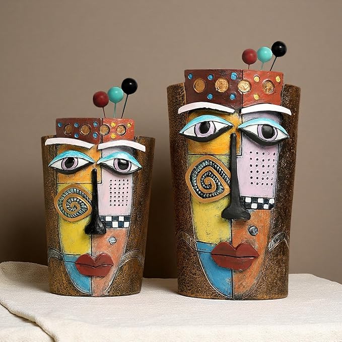 Picasso Abstract Face Flower Pot,Plant Pot with Facial Expressions,Handmade Resin Plant Pot with Drainage Holes,for Indoor and Outdoor Botanical Home décor (Brown Small)