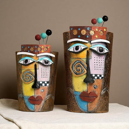 Picasso Abstract Face Flower Pot,Plant Pot with Facial Expressions,Handmade Resin Plant Pot with Drainage Holes,for Indoor and Outdoor Botanical Home décor (Brown Small)