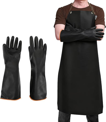 SourceTon Heavy Duty Waterproof Apron with Latex Gloves | 47" Long Chemical & Oil Resistant PU Apron & 14" Gloves for Dishwashing, Lab Work, Butchering, Cleaning, Gardening