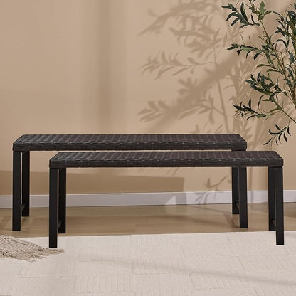 46" Outdoor Rattan Backless Bench Set of 2, All-Weather Patio Garden Bench for Backyard, Porch, or Lawn, Durable Steel Bench for Outdoor Spaces